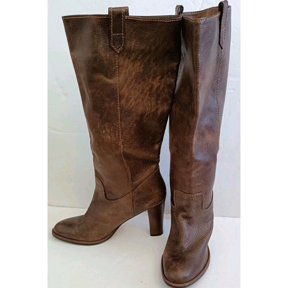 BANANA REPUBLIC All Leather Boots Size 9.5 Brown Mid-Calf 4" High Heel Esquire
